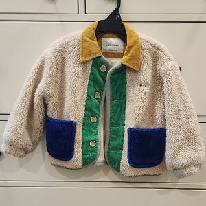 Bobo Choses Beige Sherpa Jacket with Yellow Collar, Green Placket & Blue Pockets